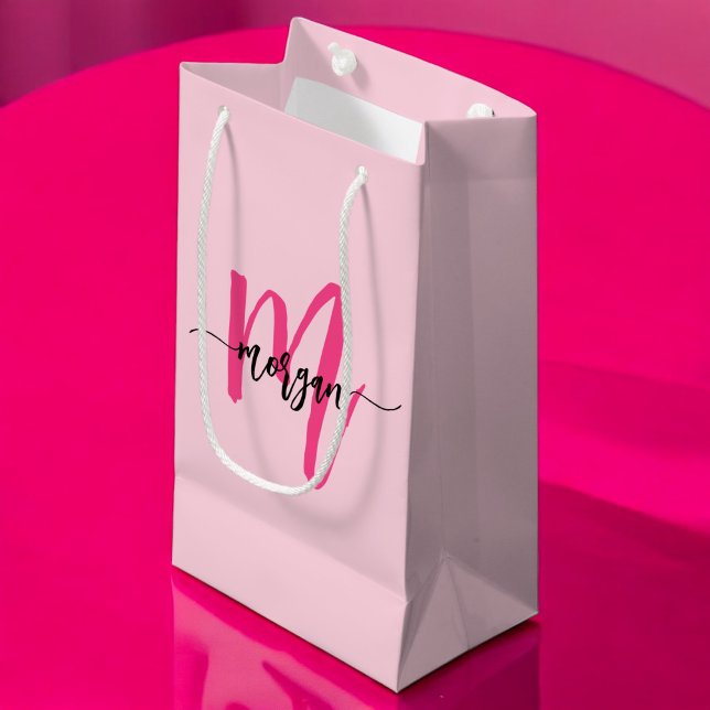 Monogram Stylish Modern Hot Pink Kleine Geschenktüte (Von Creator hochgeladen)