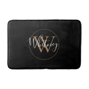 Monogram Stylish Script Name Gold Black  Badematte