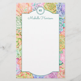 Monogram Succules Aquarellfarbene Pastel Briefpapier