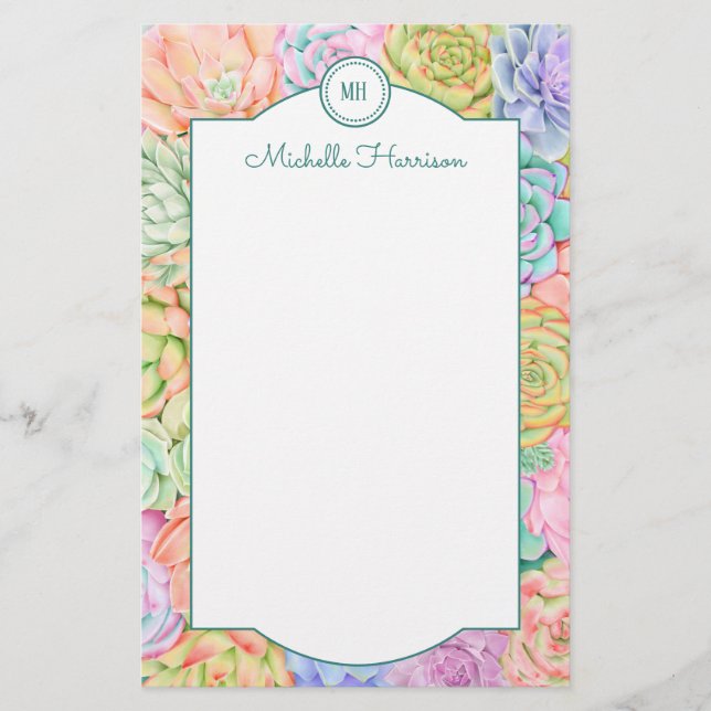 Monogram Succules Aquarellfarbene Pastel Briefpapier (Vorderseite)