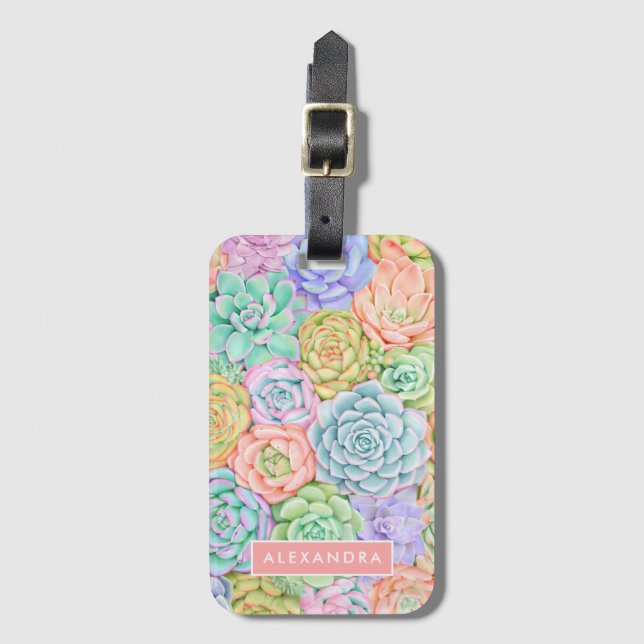 Monogram Succules Aquarellfarbene Pastel Gepäckanhänger (Vorderseite Vertikal)