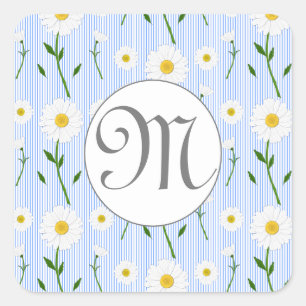 Monogram Summer Daisy Blumenmuster Blaustreifen Quadratischer Aufkleber