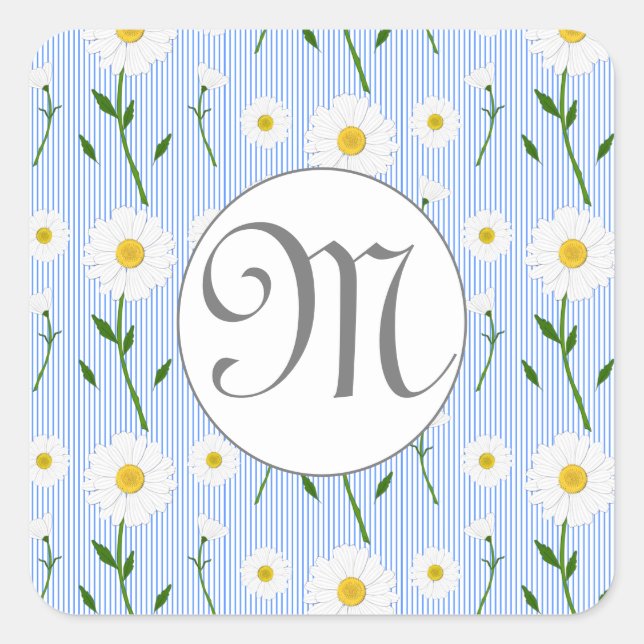Monogram Summer Daisy Blumenmuster Blaustreifen Quadratischer Aufkleber (Vorderseite)