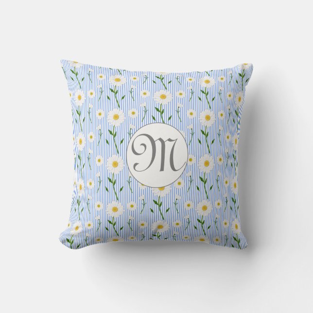Monogram Summer Daisy Floral Pattern Blue Stripe Kissen (Vorderseite)