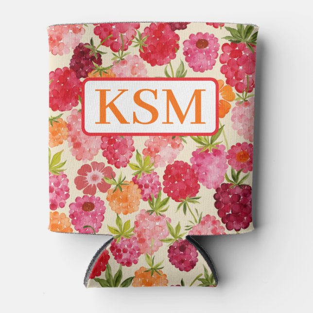Monogram Summer Raspberry Watercolor Coquette Dosenkühler (Vorderseite)