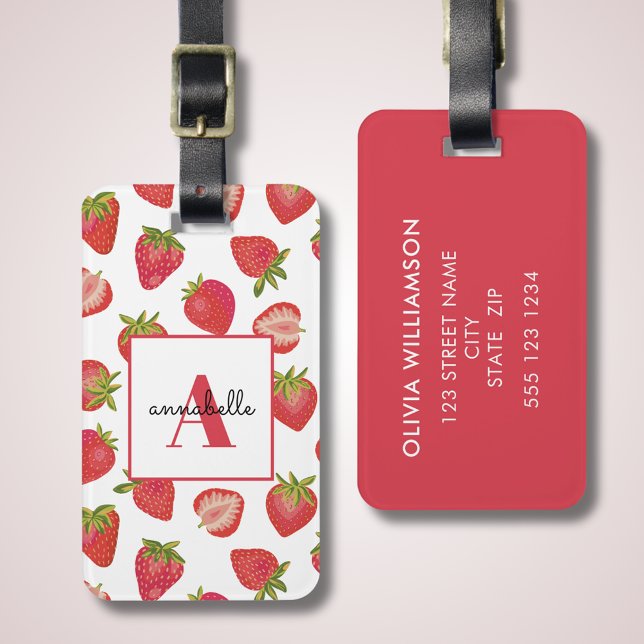 Monogram Summer Strawberry Personalisiert Gepäckanhänger (Strawberry monogram luggage tag. Add your own address and contact details, monogram and first name. )