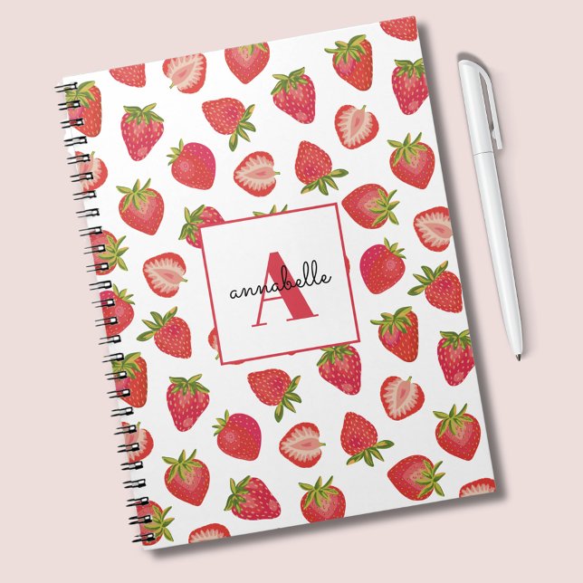 Monogram Summer Strawberry Personalisiert Notizblock (Strawberry notebook with monogram and first name.)