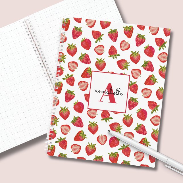 Monogram Summer Strawberry Personalisiert Notizbuch (Strawberry spiral notebook with monogram and first name.)