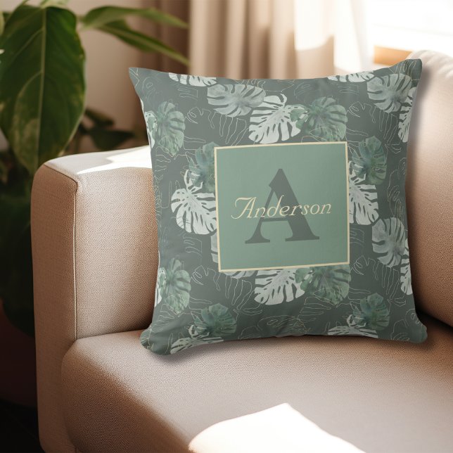 Monogram Summer Tropical Palm Blätter Wasserfarbe Kissen (Monogram Initial and Name Summer Tropical Palm Leaves Watercolor Outdoor Pillow )