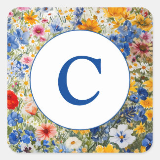 Monogram Summer Wildblumen Watercolor Quadratischer Aufkleber