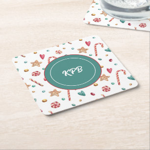 Monogram Sweet Candy Pattern Square Paper Unterset Rechteckiger Pappuntersetzer
