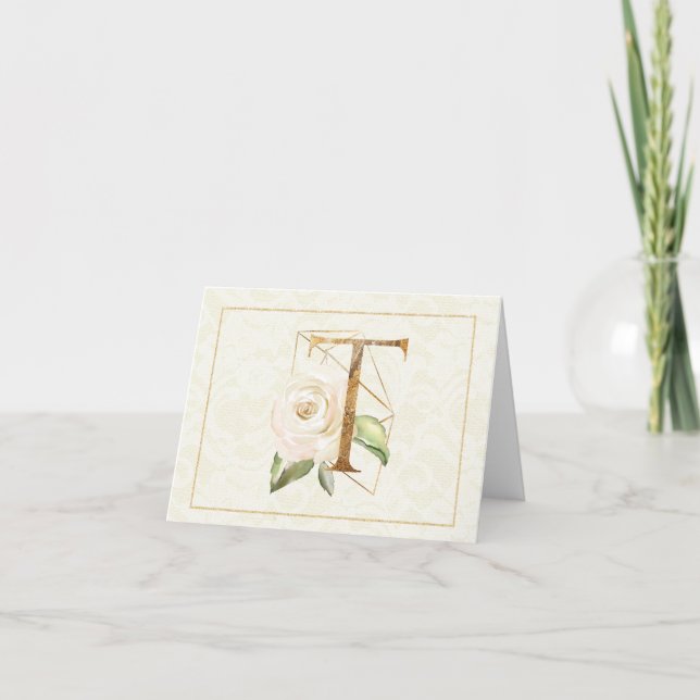 Monogram T Floral Note Card Gold Karte (Vorderseite)