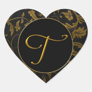 Monogram T Gold and Black Damask Wedding Siegel Herz-Aufkleber