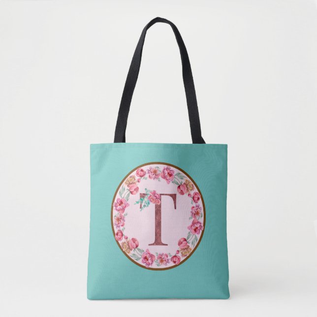 Monogram T Letter with Peony Blume Image Toag (Vorderseite)
