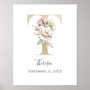 Monogram T Pink White Floral Gold Letter Kinderzim Poster