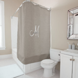 Monogram Taupe White Script Imitate Linen Duschvorhang