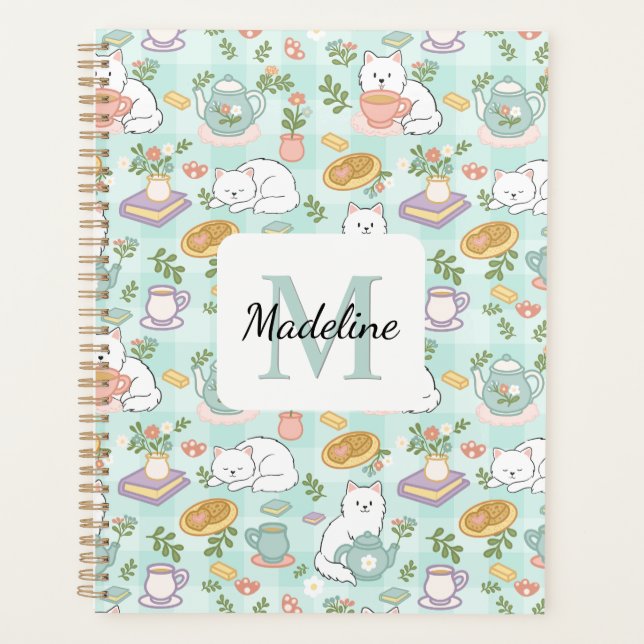 Monogram Tea & Bookish Cats Spiral Planner Green Planer (Vorderseite)