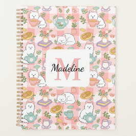 Monogram Tea & Bookish Cats Spiral Planner Pink Planer