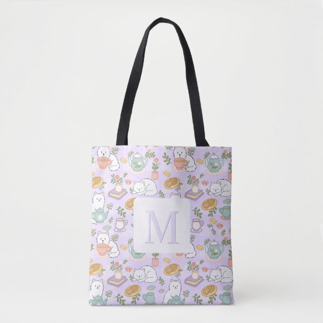 Monogram Tea & Bookish Cats Tote Bag Purple (Vorderseite)