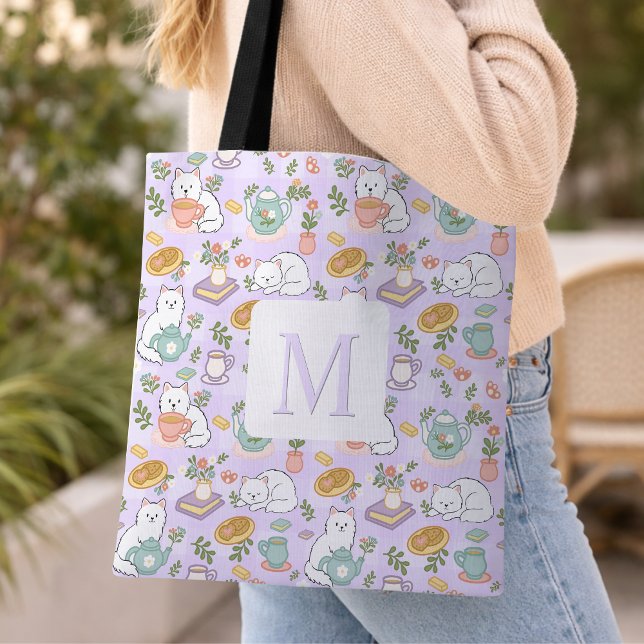 Monogram Tea & Bookish Cats Tote Bag Purple (Von Creator hochgeladen)
