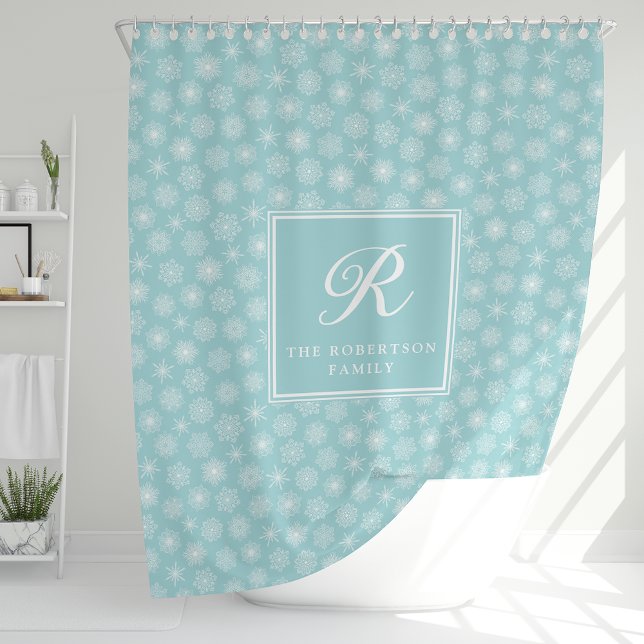 Monogram Teal Aqua Blue Snowflakes Coastal Duschvorhang (Von Creator hochgeladen)