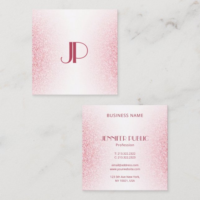 Monogram Template Pink Rose Gold Glitzer Modern Quadratische Visitenkarte (Vorne/Hinten)