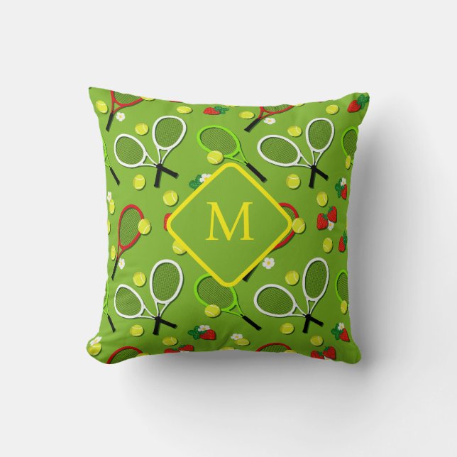Monogram Tennis Themed Green Gemustert Kissen (Vorderseite)