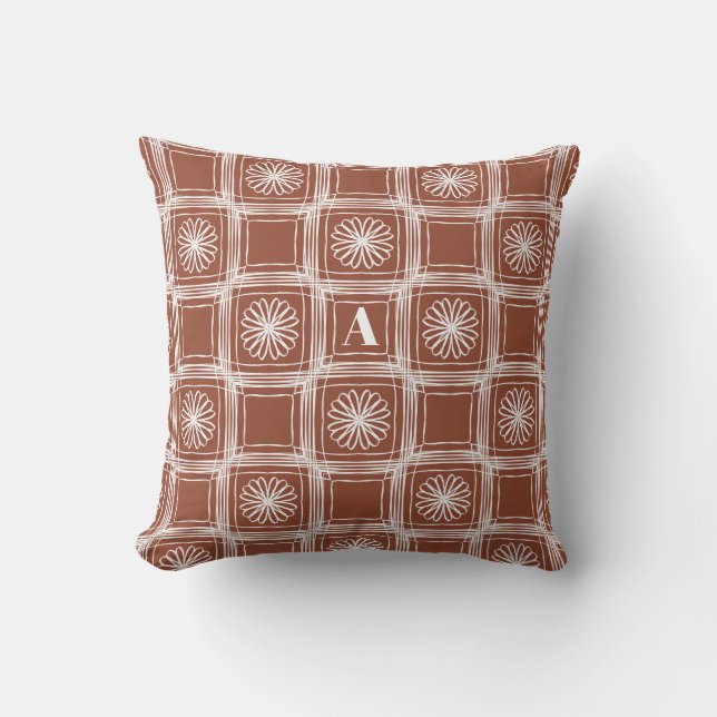 Monogram Terracotta Boho Karo Floral Pattern Kissen (Vorderseite)