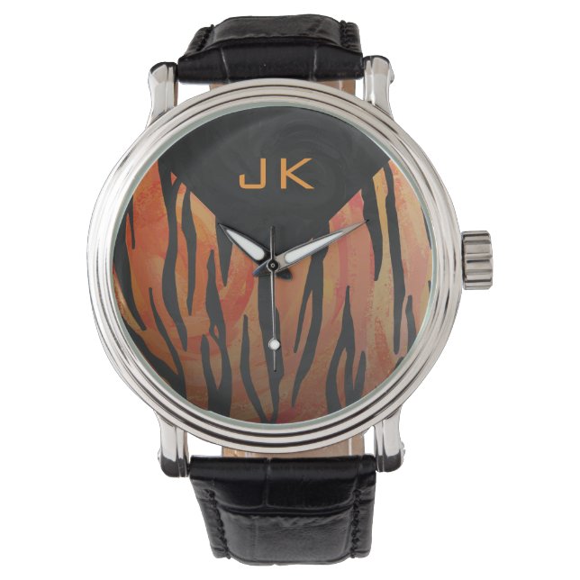 Monogram Tiger Hot Orange und Schwarz Print Muster Armbanduhr (Vorderseite)