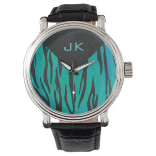 Monogram Tiger Schwarz und Aquamarines Druckmuster Armbanduhr