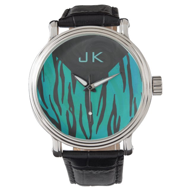 Monogram Tiger Schwarz und Aquamarines Druckmuster Armbanduhr (Vorderseite)