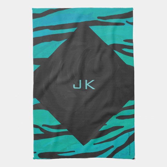 Monogram Tiger Schwarz und Aquamarines Druckmuster Handtuch (Vertikal)