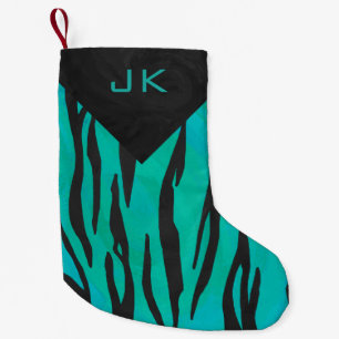 Monogram Tiger Schwarz und Aquamarines Druckmuster Kleiner Weihnachtsstrumpf