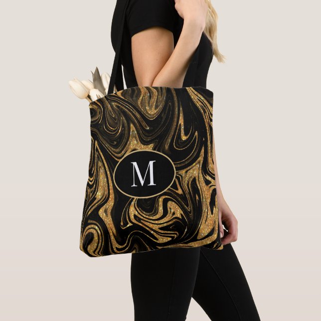 Monogram Tote Bag Gold Glitzer auf schwarzem Hinte (Von Nahem)