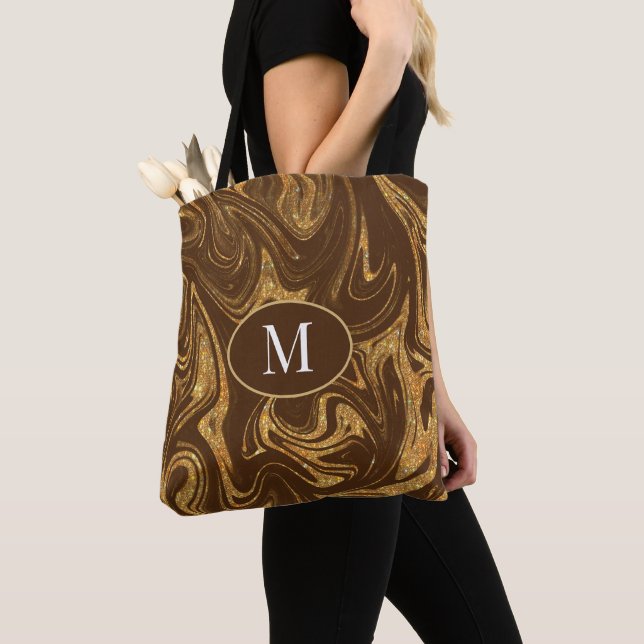 Monogram Tote Bag Gold Glitzer Brauner Hintergrund (Von Nahem)