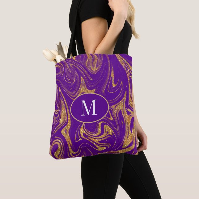Monogram Tote Bag Gold Glitzer Lila Hintergrund (Von Nahem)