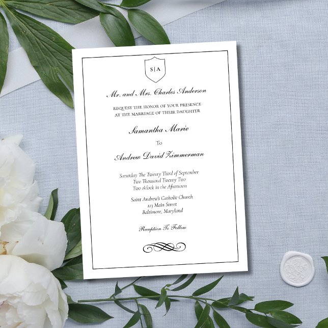 Monogram Traditionelle formale Elegant-Hochzeit Einladung (Monogram Crest Black White Minimalist Traditional Classic Formal Wedding Invitation)