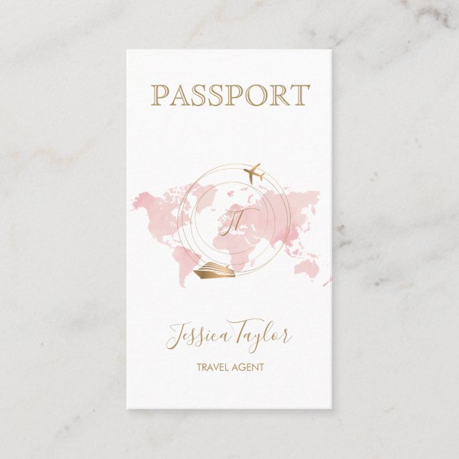 Monogram Travel Agent Passport World Map Foto Visitenkarte (Vorderseite)