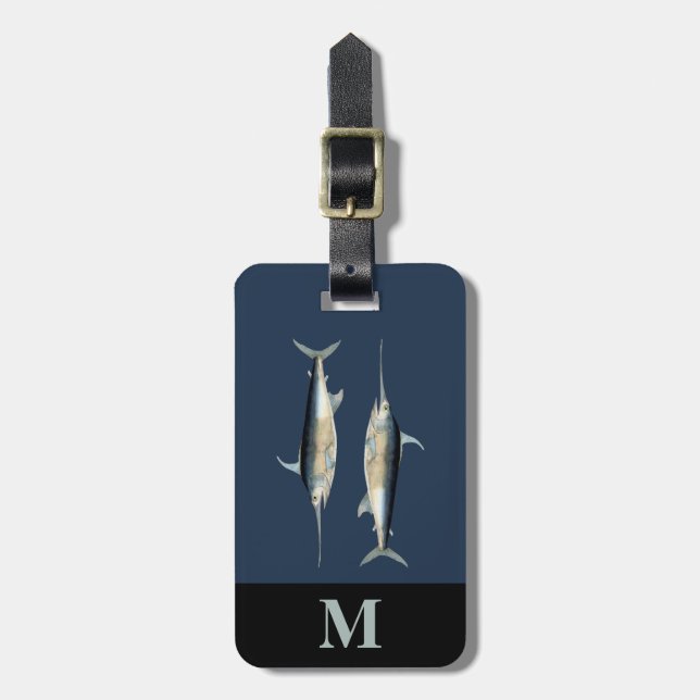 Monogram Travel Blue Graue Schwertfische Fische Gepäckanhänger (Vorderseite vertikal)
