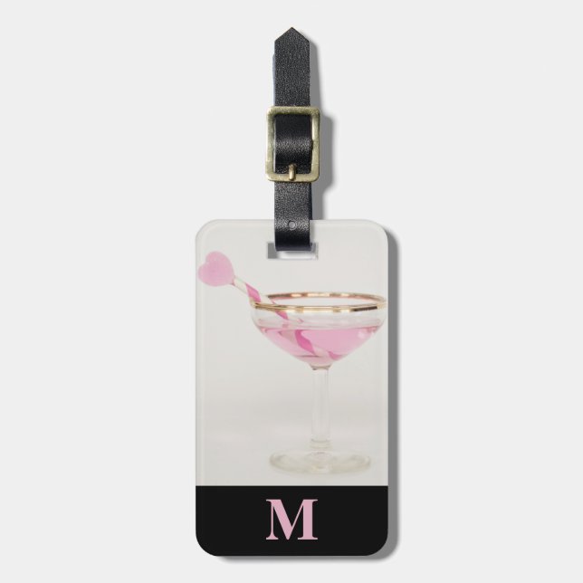 Monogram Travel Pink Heart Valentine Cocktail Gepäckanhänger (Vorderseite vertikal)