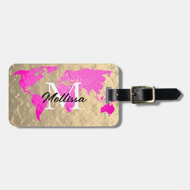 Monogram Traveller Pink Gold Foil Glitzer Gepäckanhänger (Vorderseite horizontal)