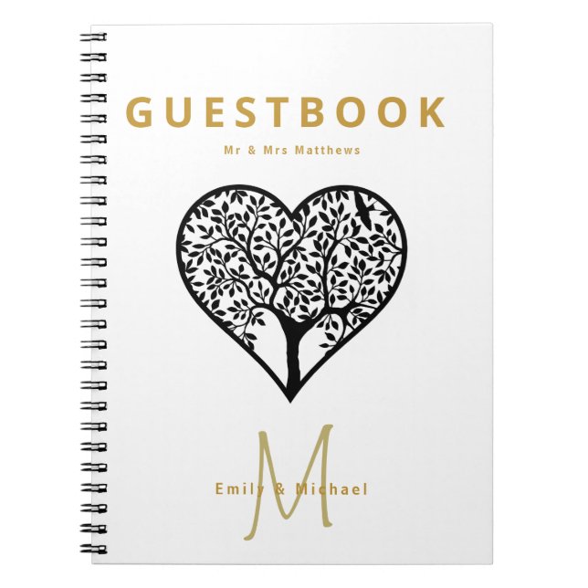 Monogram Tree of Life Wedding Guest Book Gold Blac Notizblock (Vorderseite)