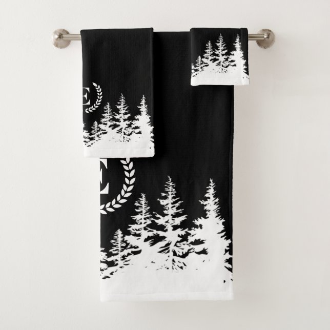 Monogram Trees Bath Towel Set Black and White (Insitu)