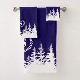 Monogram Trees Bath Towel Set Blue and White