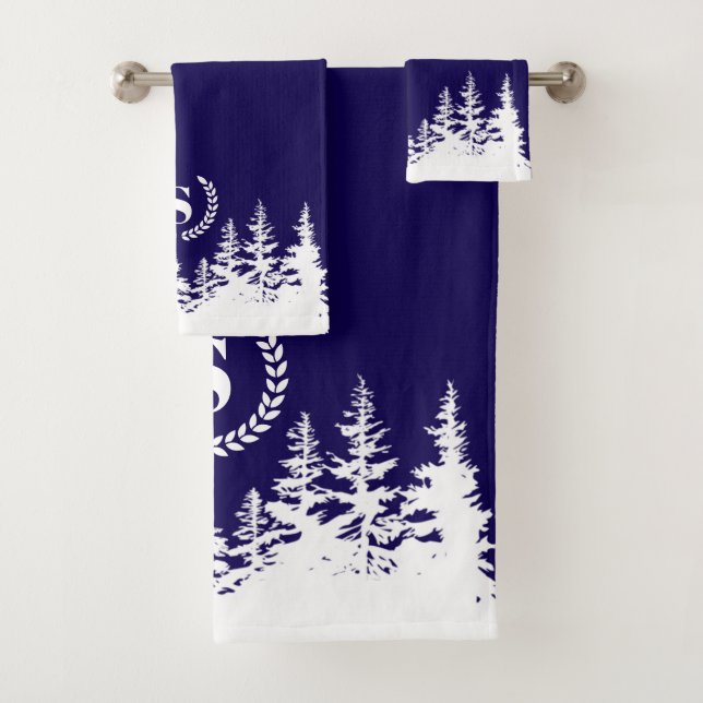 Monogram Trees Bath Towel Set Blue and White (Insitu)