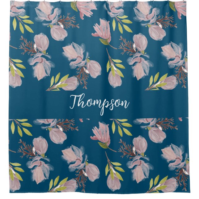 Monogram trendy navy blauen Blumenmuster stilvoll Duschvorhang (Vorderseite)