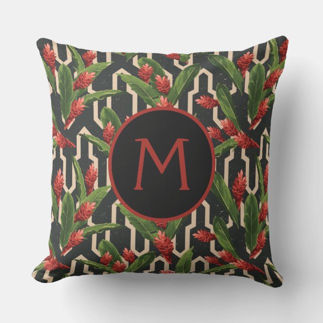 Monogram Tropical Blätter Ginger Geometric Pattern Kissen (Vorderseite)