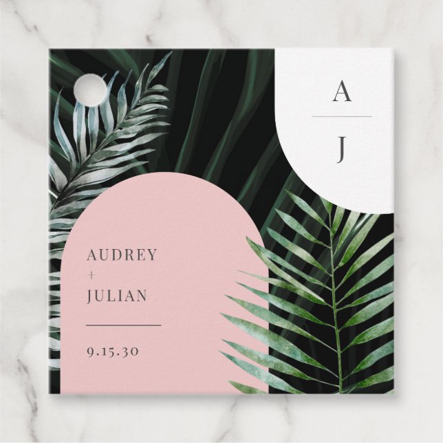 Monogram Tropical Blush Pink Arch Palm Blätter Geschenkanhänger (Vorderseite)