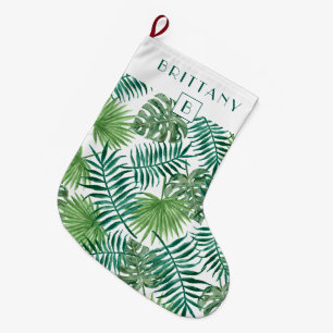 Monogram Tropical Palm Blätter Green Großer Weihnachtsstrumpf
