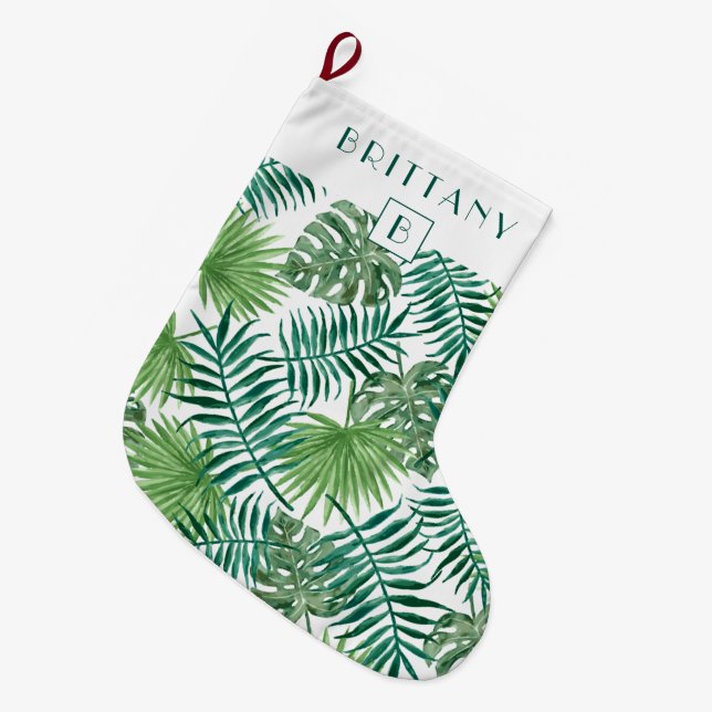 Monogram Tropical Palm Blätter Green Großer Weihnachtsstrumpf (Vorderansicht (hängend))
